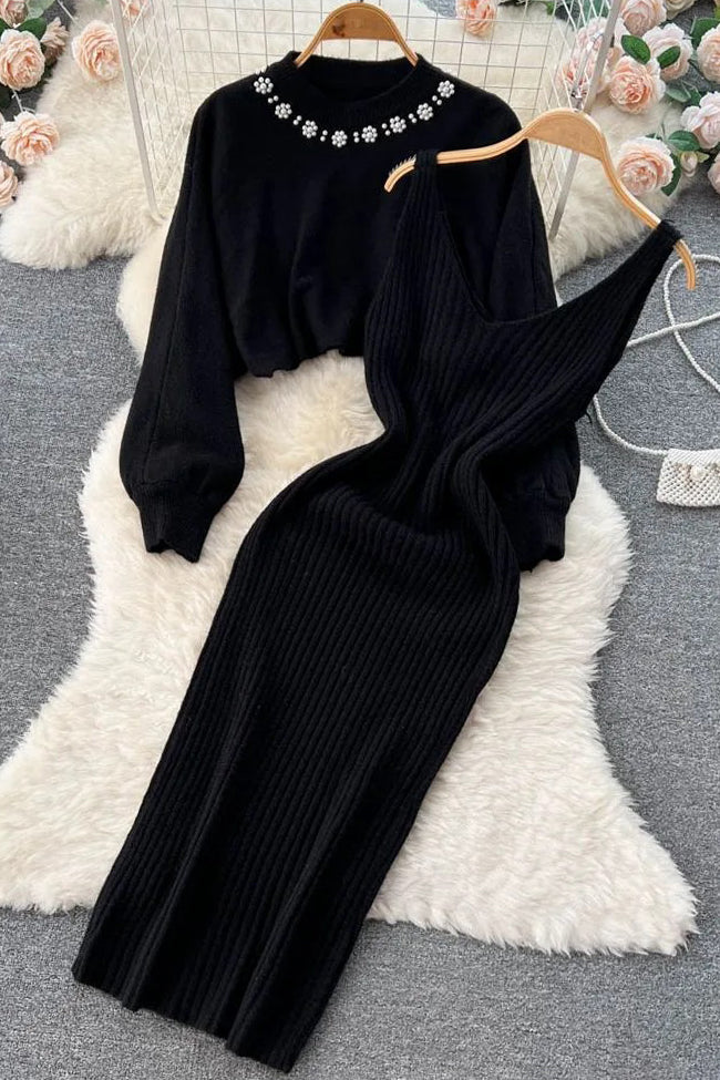 Elegant Pearl O-neck Knitted Sweaters + Strap Dress Two Piece Suits