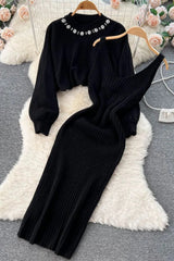 Elegant Pearl O-neck Knitted Sweaters + Strap Dress Two Piece Suits