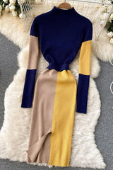 Dress Elegant Color Patchwork Knitted Sweater Dress With Belt