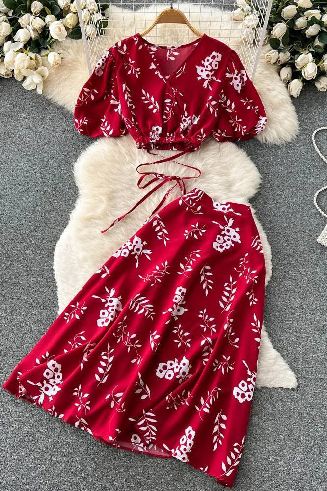 Floral Print Bandage Crop Tops + A-line Knee-length Skirts Two Piece Suits