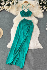 Beach Cami Tops + High Split Long Skirts Two Piece Suits