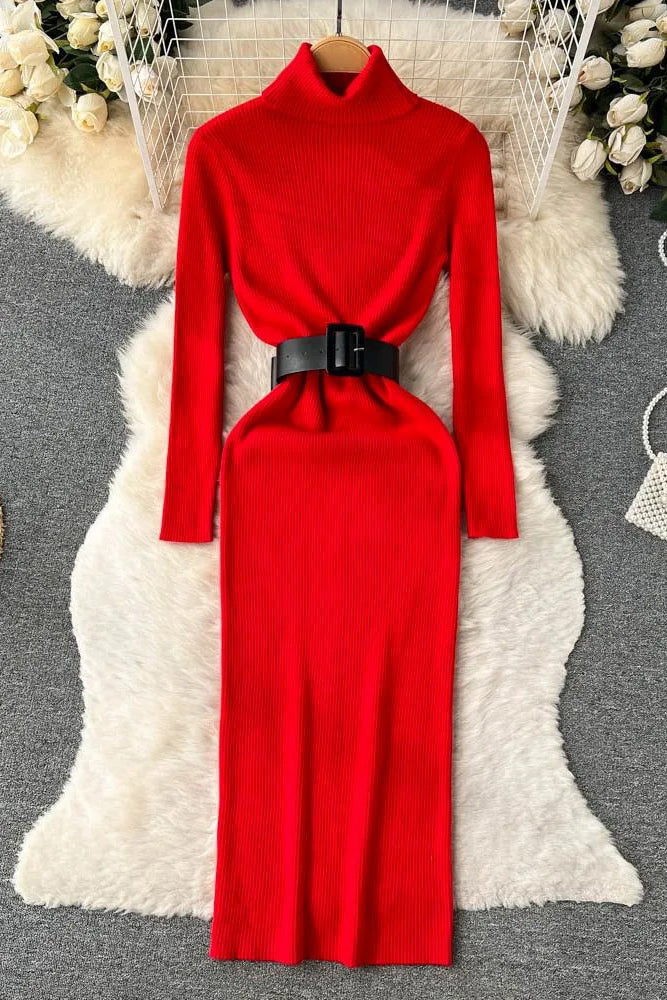 Knitted Elegant Turtleneck Long Sweater Dress with Belt Lady Package Hips Bodycon Dress