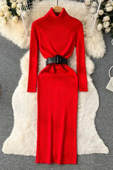 Knitted Elegant Turtleneck Long Sweater Dress with Belt Lady Package Hips Bodycon Dress