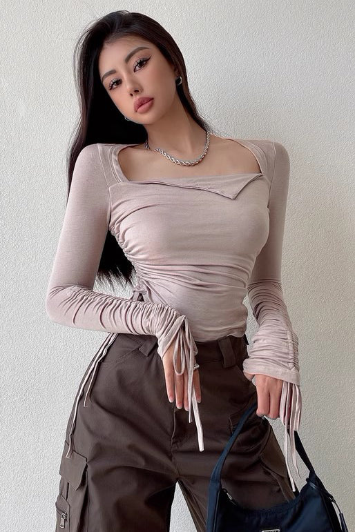 Drawstring Pleated Long Sleeved Top