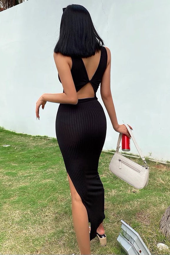 Backless Sleeveless Long Dress Solid Side Split Dress