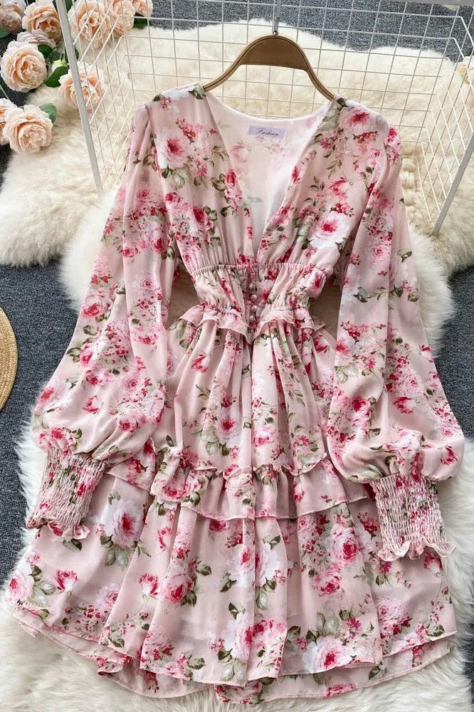 Dress V-neck Buttons Corset Floral Print Short Chiffon Dress