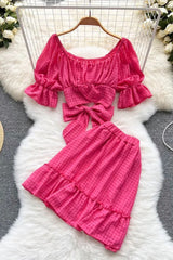 Bow Bandage Crop Tops + Elastic High Waist A-line Mini Skirts Two Piece Suis