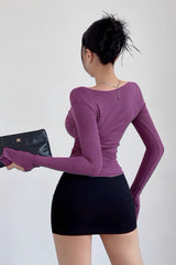 Waistband Large V-Neck Long Sleeved T-Shirt Tight Top