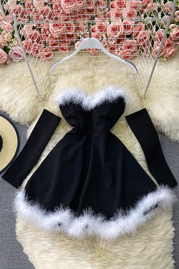 Furry Stitching Nightclub Off-Shoulder Backless Dress With Sleeves