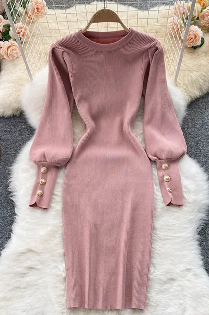 Elegant Buttons Puff Sleeve Dress O-Neck Knit Dress