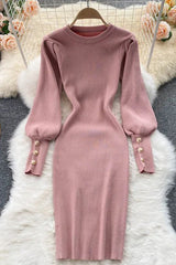 Elegant Buttons Puff Sleeve Dress O-Neck Knit Dress