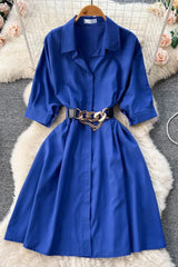Elegant Dress Vintage Turn-down Collar Casual A-line Shirt Dress