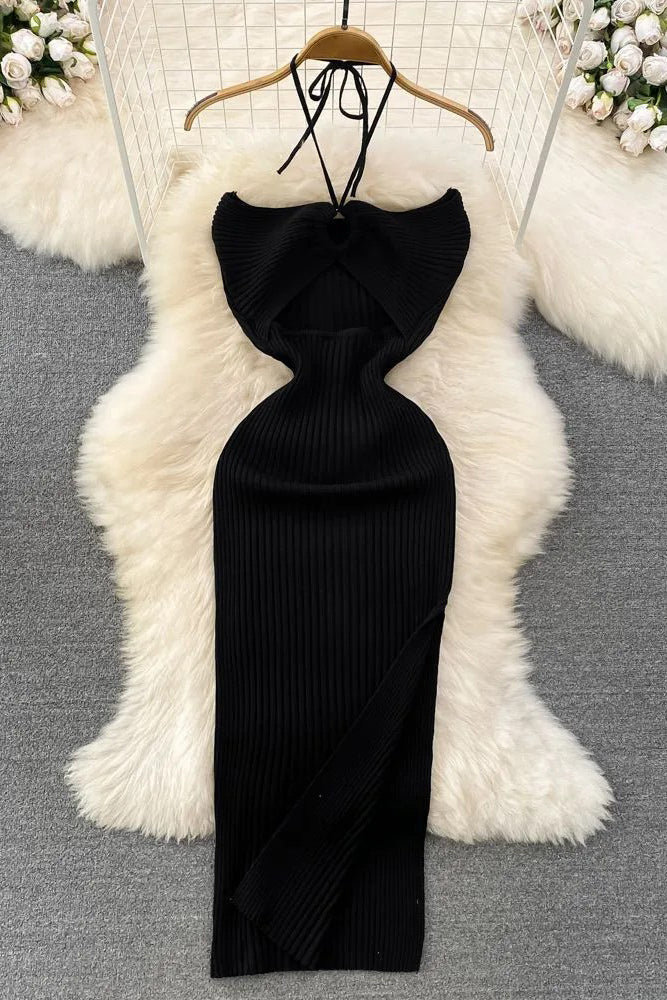 Dress Knitted Strapless Wrap Hips High Split Bodycon Dress