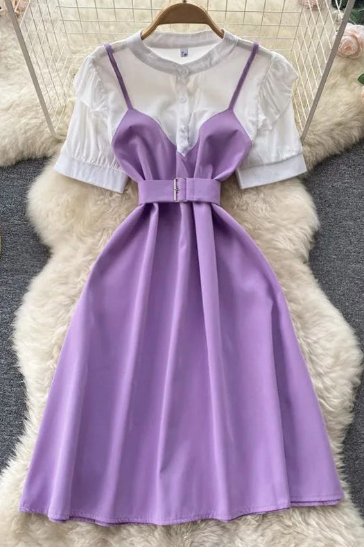 Shirt Dress Fake Two Piece Set Streetwear Midi Long Dress with Belt