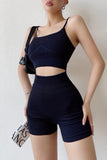 Casual Strap Vest Tank Top High Waist Tight Wrap Hip Shorts Fitness Set Two Piece Set