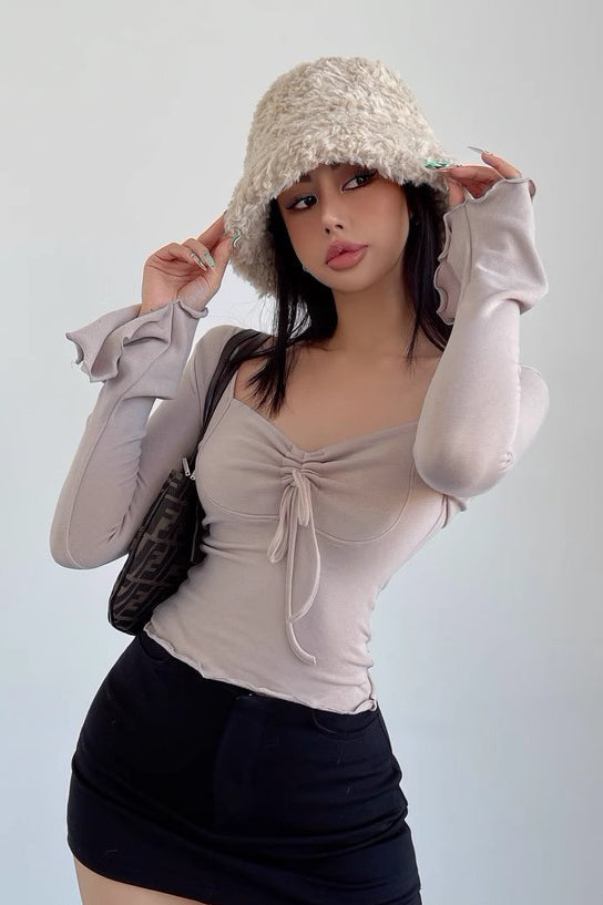 V-Neck Pleated Drawstring Long Sleeved T-Shirt with Flared Sleeves