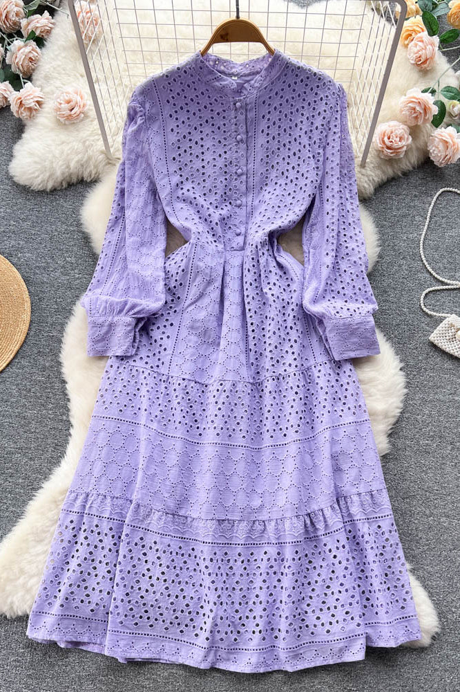 Embroidery Dress Lantern Sleeve Slim Hollow Out Ladies A Line Long Dress