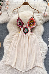 Patchwork Dress Strap Style Hook Hollow Out Ladies Vacation Beach Dresses