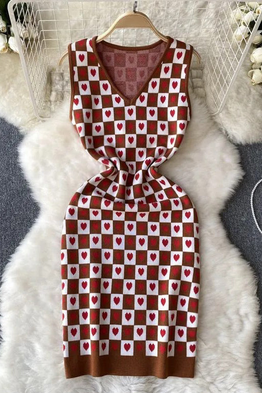 Romantic Heart Knitted Short Dress Casual V-neck Bodycon Dress