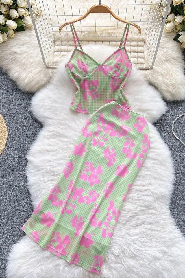 Print Beach Strap Camis Tops + Slim Wrap Hips Skirts Two Piece Suit