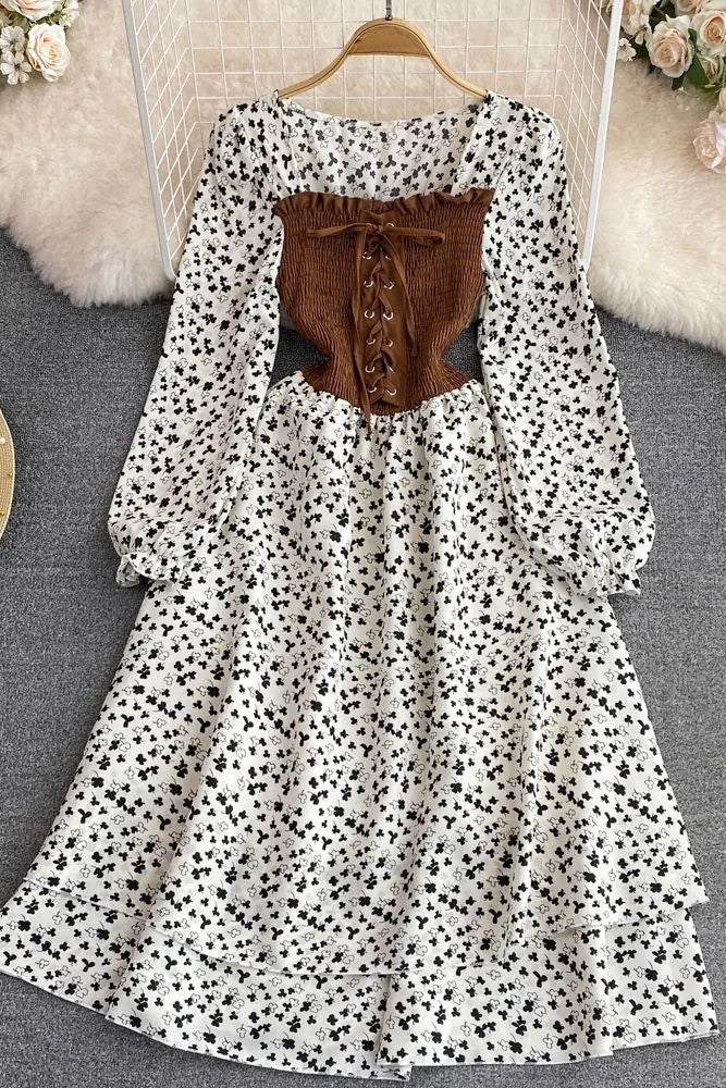 Dress Vintage Floral Print Gothic Bandage Long Sleeve Shirt Dress