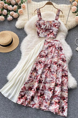 Floral Print Pleated Long Skirts + Straps Short Tops Vacation Two Piece Suits