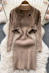 Knitted Straps Bodycon Mini Dress and Full Sleeve Short Cardigans Sweaters