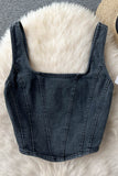 Denim Design Camisole Square Neck Zipper High Street Ladies Tank Top