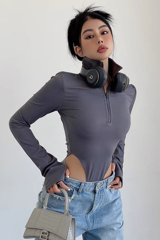 Tight Half Zippered Lapel Bodysuit