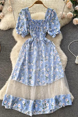 Dress Romantic Floral Print Mesh Patchwork Fake Two Piece Set