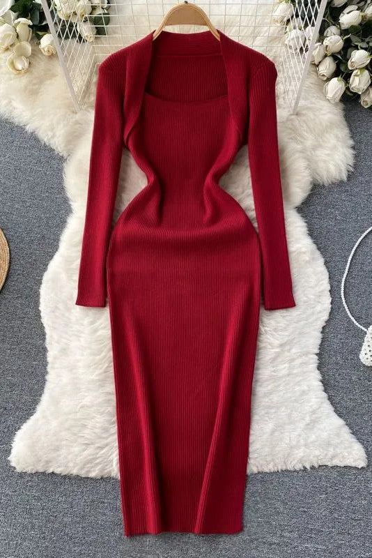 Elegant Dress Square Collar Knitted Bodycon Long Dress