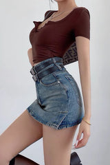 Double Belt High Waisted Buttocks Wrapped Denim Skirt