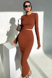 Casual Round Neck Long Sleeved Top And Skirt Two-Piece Set