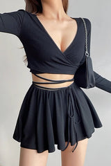 Cross Strap Deep V Long Sleeve T-Shirt Top