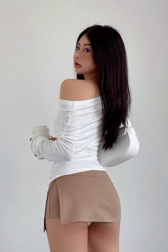 Oblique Shoulder Long Sleeve T-Shirt Pleated Waist Top