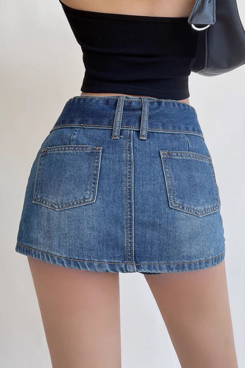 Vintage Wide Belt A-Line Denim Mini Skirt
