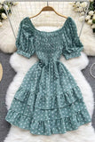 Elegant Cascading Ruffles Dress Vintage Puff Sleeve Print Polka Dot Short Party Dress