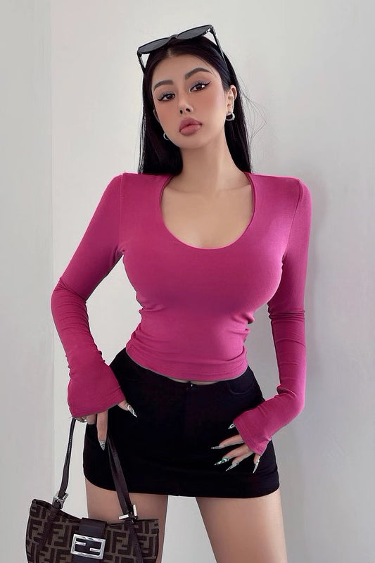 Round Neck Tight T-Shirt Low Cut Slim Fit Long Sleeve Top