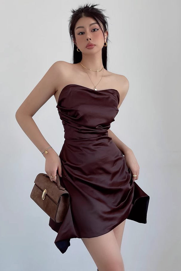 Satin Pleated Waistband Strapless Mini Dress