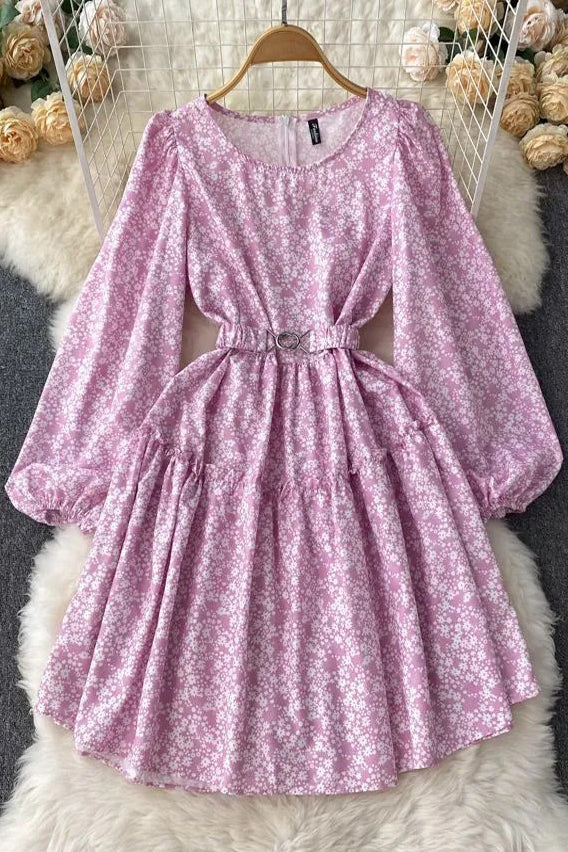 Elegant Lantern Sleeve Print Floral Casual A-line Dress With Belt