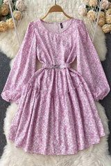 Elegant Lantern Sleeve Print Floral Casual A-line Dress With Belt