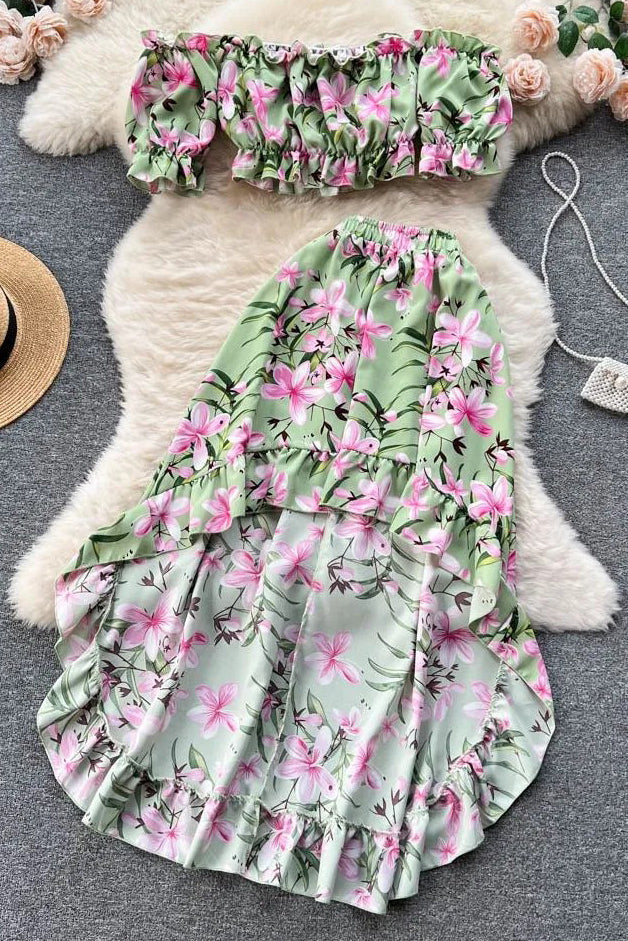 Dress Sets Off Shoulders Floral Print Crop Tops High Waist Ruffled Skirts Suits