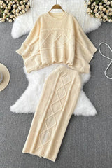 Dress Suits Batwing Sleeve Sweater Tops + High Waist Split Skirts Suits