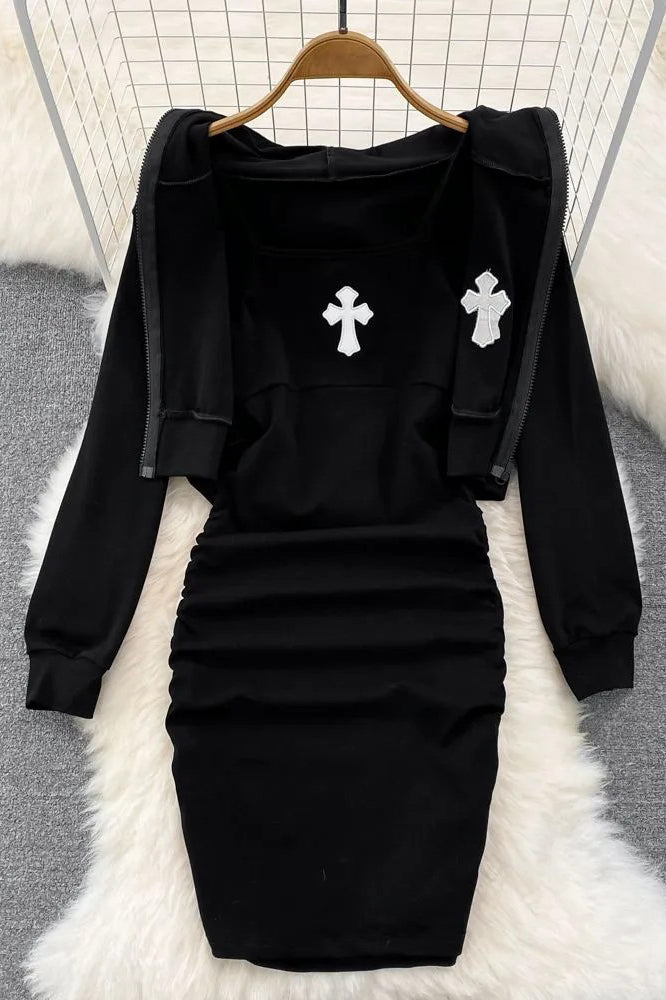Wrap Hips Mini Dress And Full Sleeve Hooded Short Coats Two Piece
