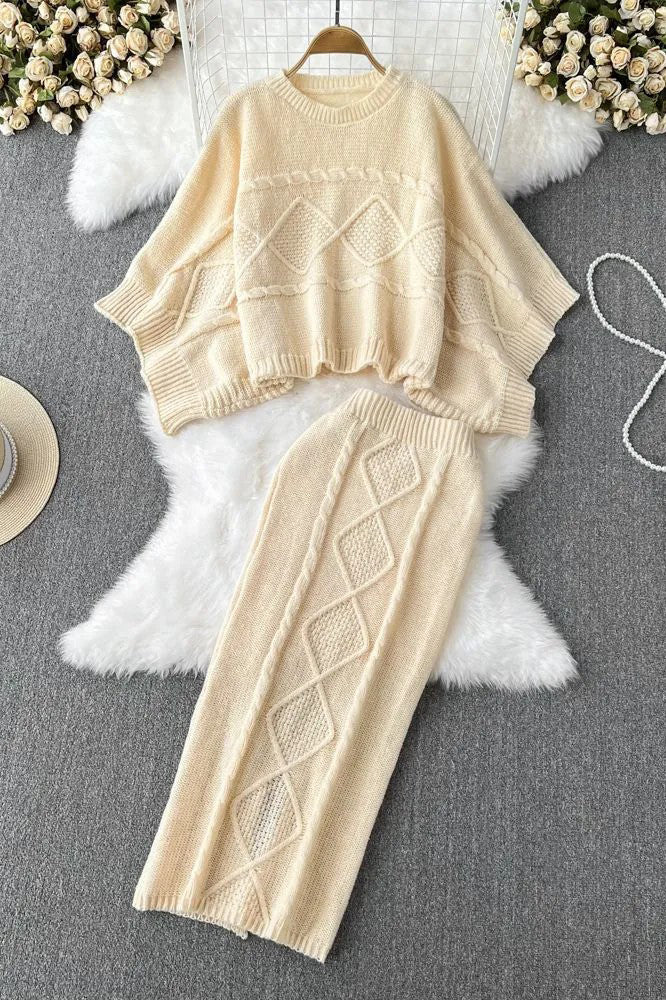 Dress Suits Batwing Sleeve Sweater Tops + High Waist Split Skirts Suits
