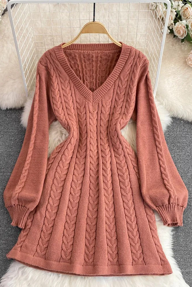 Knitted Dress Elegant Puff Sleeve A-line Short Dress