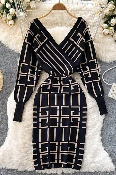 Knitted Dress V-neck Geometric Bodycon Sweater Dress