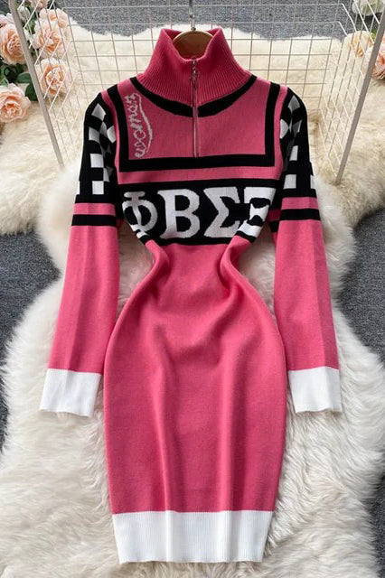 Sweater Dress Letters Print Stretchy Knitted Dress Zipper Fly Bodycon Dress