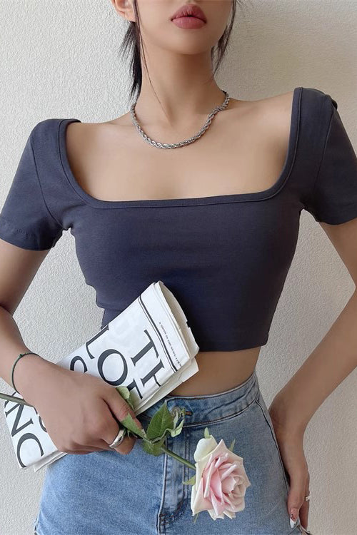 Square Collar Exposed Collarbone Short Sleeved T-Shirt