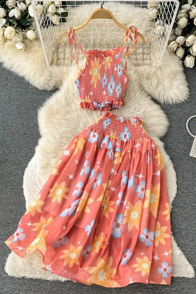 Tie Dye Print Short Strap Cami Tops + High Waist Skirts Beach Two Piece Suits